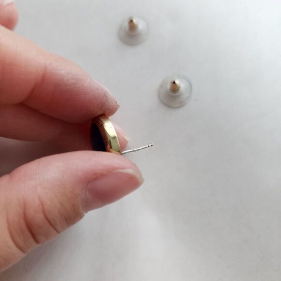 Dillards Vintage Gold Round Button Blue Inlay Post Back Earrings 925 Stamped - Picture 8 of 9